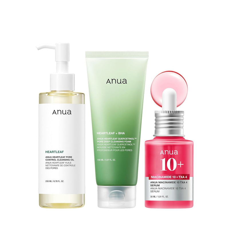 Anua 3-Step Glass Skin Beginner Set, Double Cleansing with Facial Serum, Oil Cleanser & Face Wash with Heartleaf, Daily Routine with Niacinamide, Korean Skincare Set Infinity Warehouse