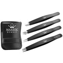 Tweezers Set 4-piece-Stainless Steel Slant Tip + Sharp Pointed Eyebrow Tweezer Set-Precision Facial Hair Removal ,Eyebrow Hair,Splinter,Blackhead,Ingrown Hair/Tick Remover-Ends Meet Perfect Majestic Bombay