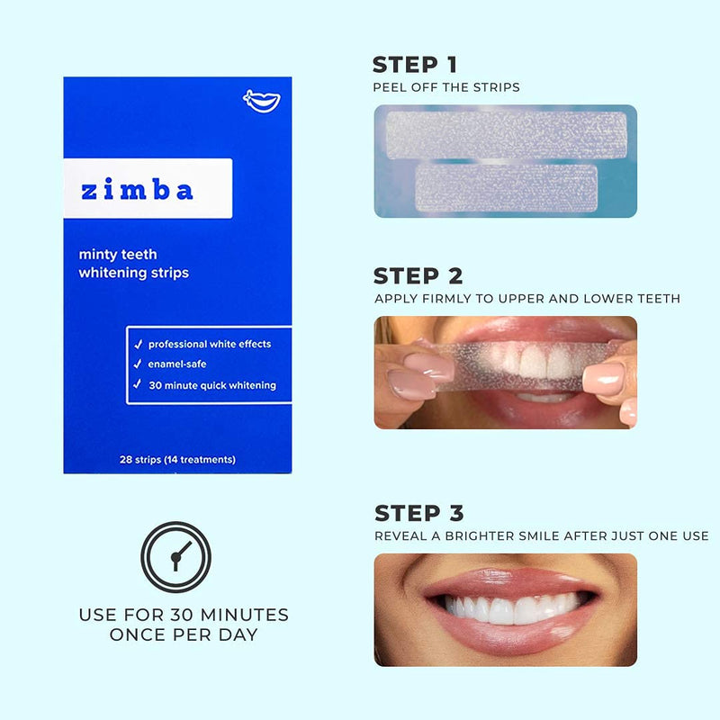 Zimba All-in-One Teeth Whitening Kit - 14 Delicious Mint Treatments (28 Strips), 1 Minty Teeth Whitening Powder, 1 Cool Blue Desensitizing Pen & 1 Bamboo Toothbrush | Non-GMO, Gluten-Free, Soy-Free Zimba