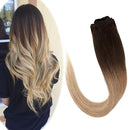 Hairro 100% Human Hair Clip in Extensions Thin 16 Inch Long Straight Ombre Medium Brown to Dark Blonde Human Hair Clip on Hairpieces 65g Machine Weft 8pcs 18 Clips for Women