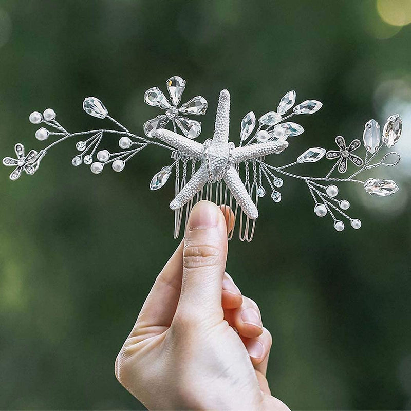 Yean Starfish Bride Wedding Hair Comb Sliver Crystal Beach Bridal Hair Piece Flower Hair Accessories for Women and Girls Yean