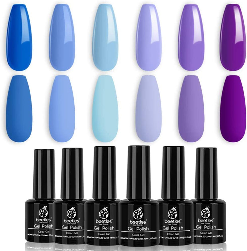 Beetles Blue Purple Gel Nail Polish Set - 6 Pcs Aquamarine Mermaid Gel Polish set, Soak Off UV LED Nail Lamp Cured Base and Top Coat Needed Starter Varnish Salon Design Gift Set beetles Gel Polish Store