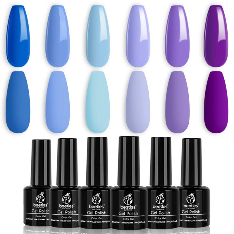 Beetles Blue Purple Gel Nail Polish Set - 6 Pcs Aquamarine Mermaid Gel Polish Set, Soak Off UV LED Nail Lamp Cured Base and Top Coat Needed Starter Varnish Salon Design Gift Set beetles Gel Polish