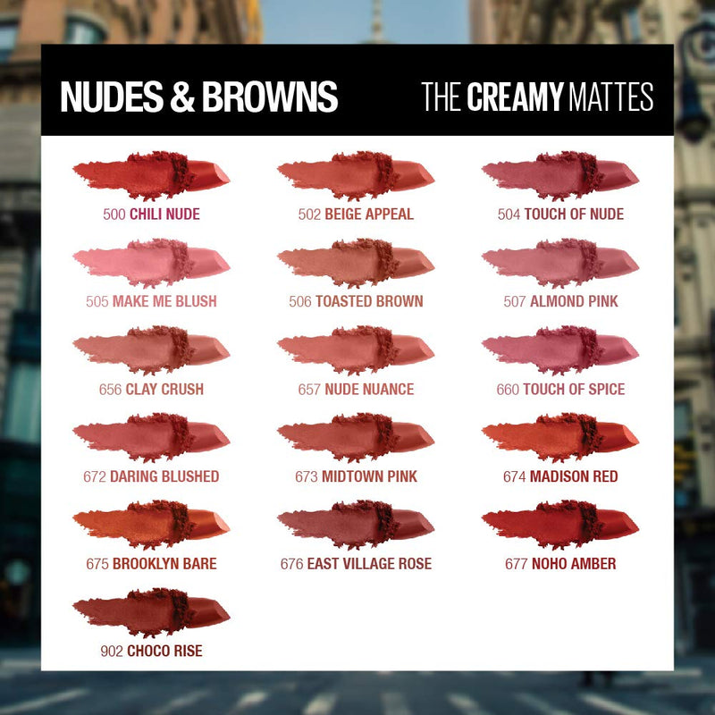 Maybelline Color Sensational Lipstick, Lip Makeup, Matte Finish, Hydrating Lipstick, Nude, Pink, Red, Plum Lip Color, Clay Crush, 0.15 oz; (Packaging May Vary) Maybelline New York