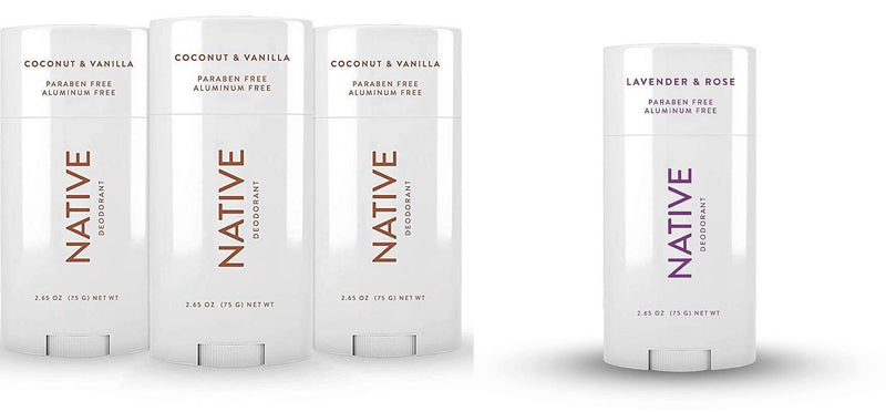 Native Deodorant | Natural Deodorant for Women and Men, Seasonal Scents, Aluminum Free with Baking Soda, Probiotics, Coconut Oil and Shea Butter | Coconut & Vanilla (3) & Lavender & Rose (1) Native