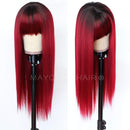 Maycaur Red Color Synthetic Hair Wigs with Full Bangs Black Red Ombre Color Long Straight Women's Wig Heat Resistant Synthetic No Lace Wigs for Fashion Women Maycaur