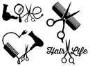 Hair Stylist Decal 4 Pack: Love, Heart, Comb and Scissors, Hair Life (Hairstylist Black, Small ~3.5") Slaced