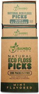 Natural Dental Floss Picks - Eco Friendly Cruelty Free & Vegan Tooth Flossers Pick Set with Biodegradable and Compostable BPA Free Handle & Zero Waste Packaging - 200 Pack (Mint Flavored) BAMBOEARTH Store