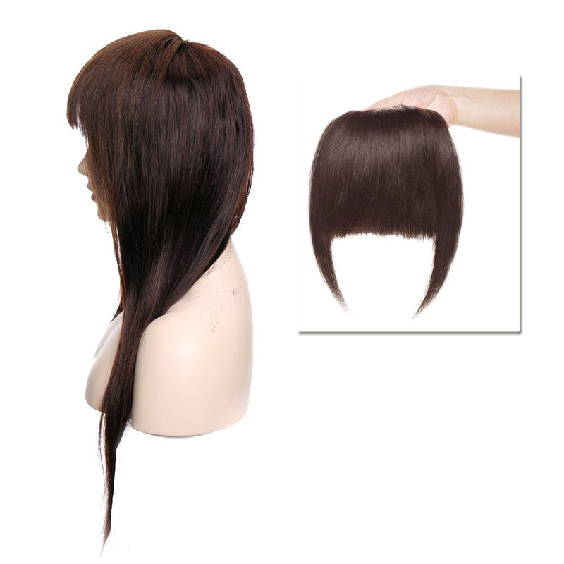Clip in Bangs Remy Human Hair Extensions for Women One Piece Soft Thick Straight Hairpiece with Temple 3 Clips Accessories Full Neat Fringe 7"/18cm-Dark Brown