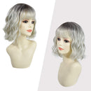 ROSEBUD Wavy Bob Wig with Bangs Natural Ombre Silver Wig Synthetic Hair Shoulder Length Short Curly Wigs for Women Rose bud
