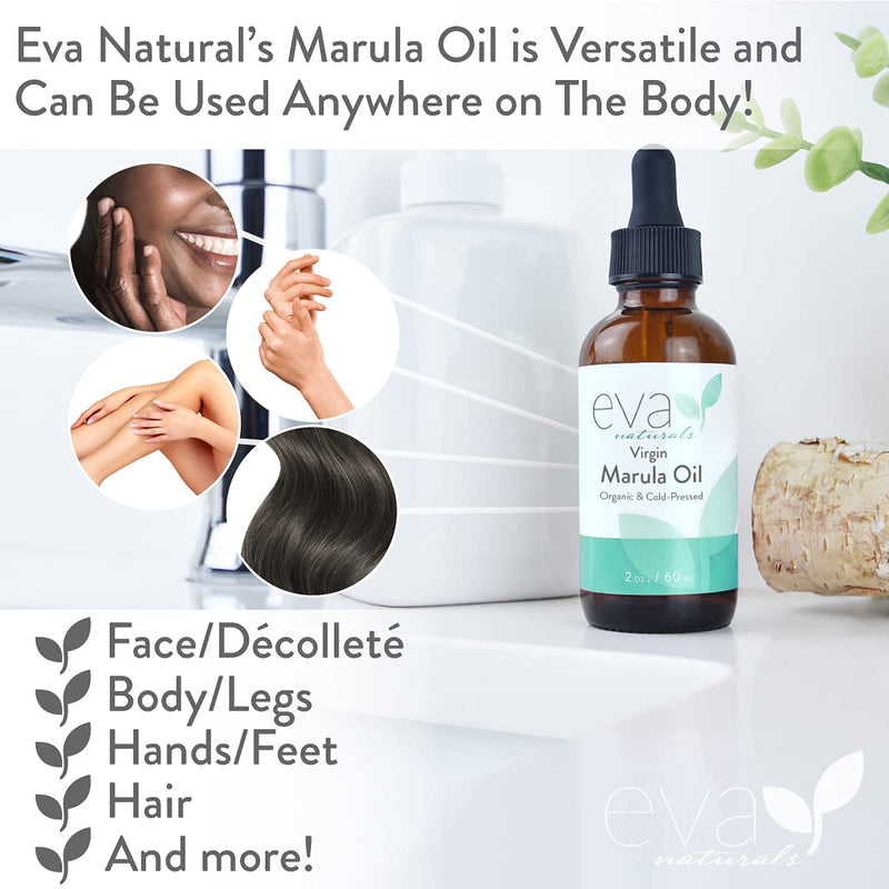 Organic Marula Oil for Face and Hair, 100% Virgin Moisturizing Beauty Oil - Cold Pressed, Natural Anti-Aging Formula - Non-greasy, Unrefined, Rich in Omegas & Antioxidants - 2oz. Eva Naturals