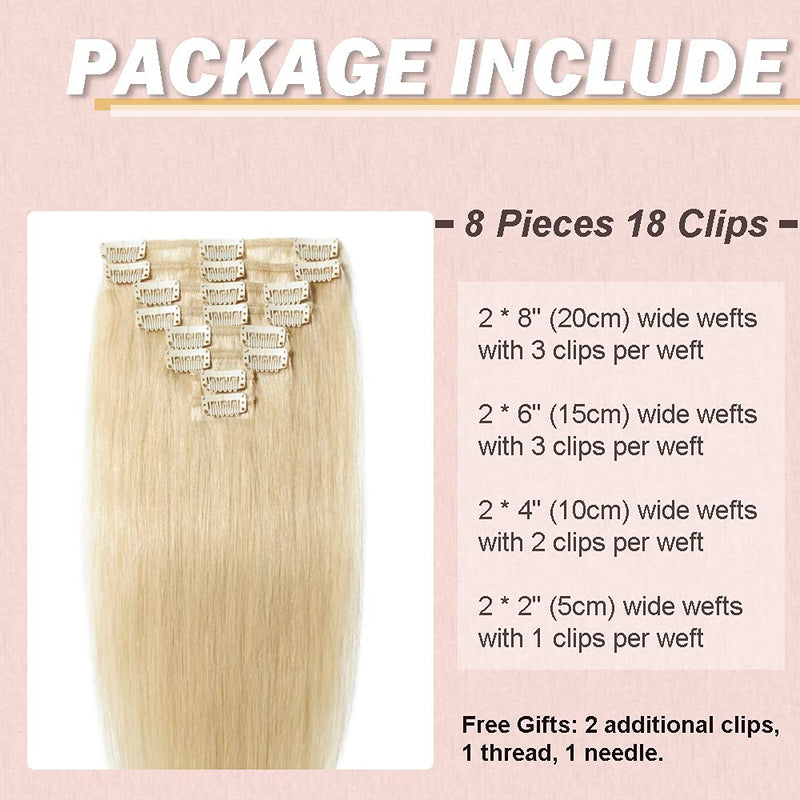 22 Inch Long Clip in Human Hair Extensions 70g Thin 8 Pcs 18 Clips Standard Weft Straight Clip on 100% Human Hairpieces for Women Beauty