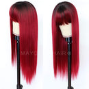 Maycaur Red Color Synthetic Hair Wigs with Full Bangs Black Red Ombre Color Long Straight Women's Wig Heat Resistant Synthetic No Lace Wigs for Fashion Women Maycaur