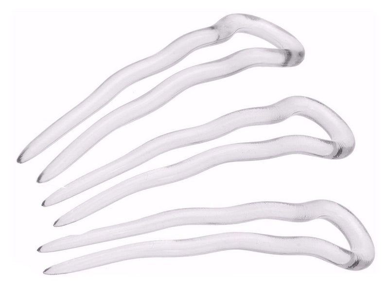 Parcelona French Mystic Crystal Clear Transparent 3 Inch Wavy Set of 3 Celluloid U Shaped Hair Pins for Hair Bun Style for Women and Girls Hair Styling Accessories, Made in France Parcelona