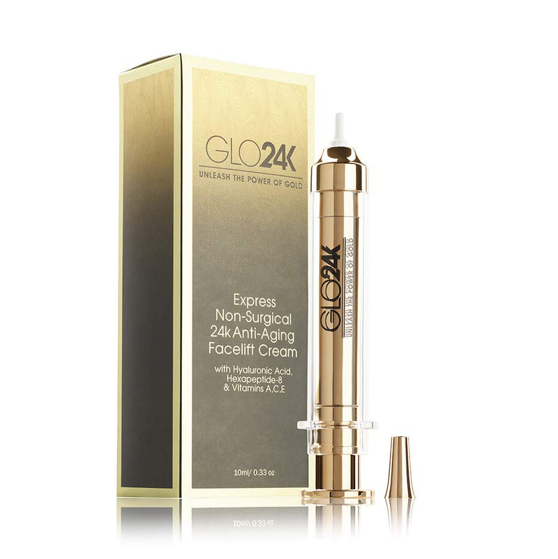 GLO24K Complete Eye Care Set with our 24k Instant Facelift Cream, Eye Cream, and Eye Serum. Formulated to Treat the Delicate Skin around the Eyes. GLO24K UNLEASH THE POWER OF GOLD