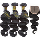 QTHAIR 12A Brazilian Body Wave Bundles with T Part Lace Closure 100% Unprocessed Brazilian Virgin Hair 3 Bundles with 4x1 Middle Part Closure(12 14 16+10) Human Hair Bundles with Closure QTHAIR