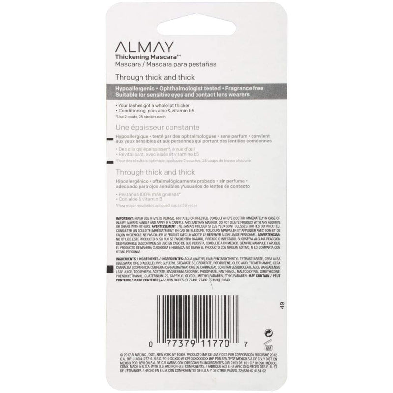 Almay Thickening Mascara with Aloe and Vitamin B5, Hypoallergenic, Cruelty Free, -Fragrance Free, Ophthalmologist Tested, 402 Black Almay