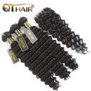 QTHAIR 12A Grade Brazilian Deep Human Hair Bundles with Closure(14" 16" 18"+12"Free Part Lace Closure,Natural Black) 100% Unprocessed Brazilian Virgin Hair Extensions for Black Women QTHAIR Store