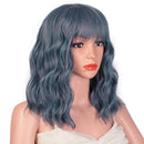 Relena Mixed Blue Short Wavy Bob Wig with Bangs Woman's Synthetic Cosplay Wig 14 inch Shoulder Length Colorful Curly Wave Bob Wig for Women Heat Resistant Fiber Hair Wig Relena