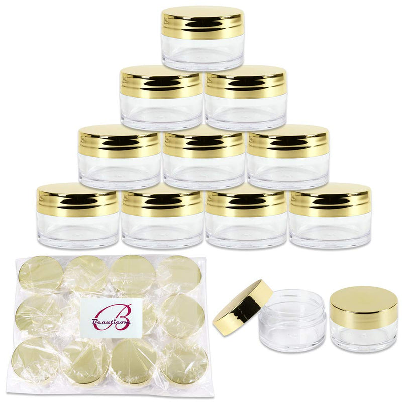 Beauticom 20g/20ml USA Acrylic Round Clear Jars with Lids for Lip Balms, Creams, Make Up, Cosmetics, Samples, Ointments and other Beauty Products (48 Pieces, Gold Lid (Flat Top)) Beauticom