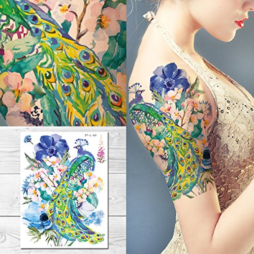 Supperb® Temporary Tattoos - Watercolor Dream of peacock & Blue Flowers Supperb