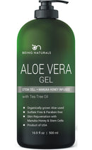 Aloe vera Gel - from 100% Pure Organic Aloe Infused with Manuka Honey, Stem Cell, Tea Tree Oil - Natural Raw Moisturizer for Face, Body, Hair. Perfect for Sunburn, Acne, Razor Bumps 16.9 oz Being Naturals