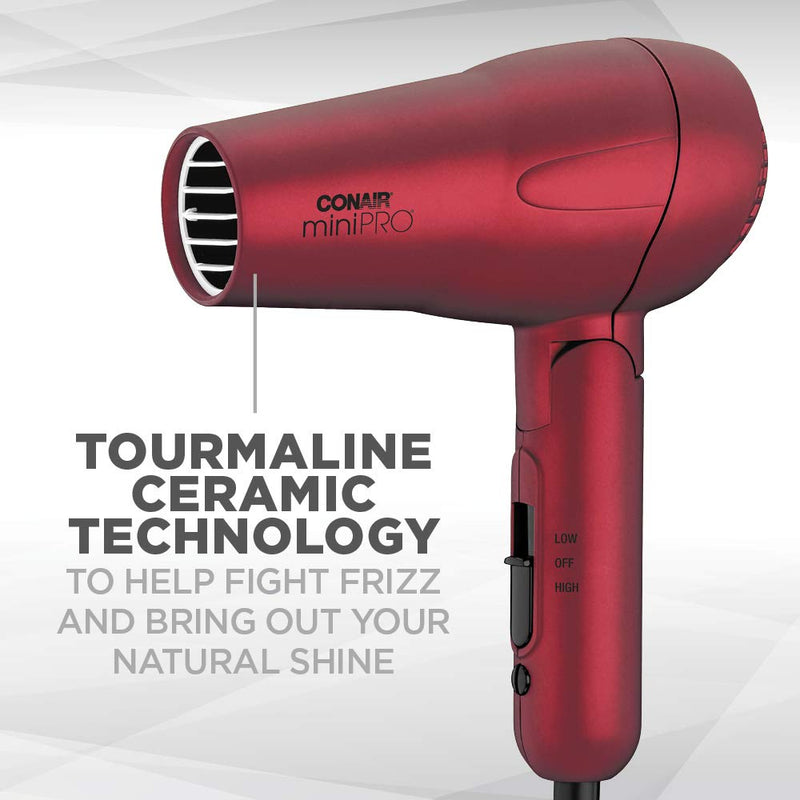 Conair miniPRO Tourmaline Ceramic Travel Hair Dryer with Folding Handle, Red Infinity Warehouse