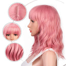 Relena Pastel Wavy Wig with Bangs Short Bob Pink Wig for Women Curly Wavy Shoulder Length Pastel Bob Synthetic Cosplay Wig for Girl Colorful Costume Wigs(14", Pink) Relena