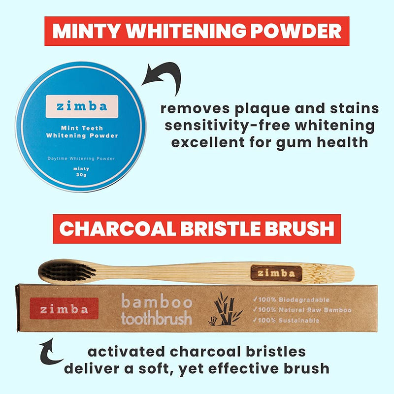 Zimba All-in-One Teeth Whitening Kit - 14 Delicious Mint Treatments (28 Strips), 1 Minty Teeth Whitening Powder, 1 Cool Blue Desensitizing Pen & 1 Bamboo Toothbrush | Non-GMO, Gluten-Free, Soy-Free Zimba