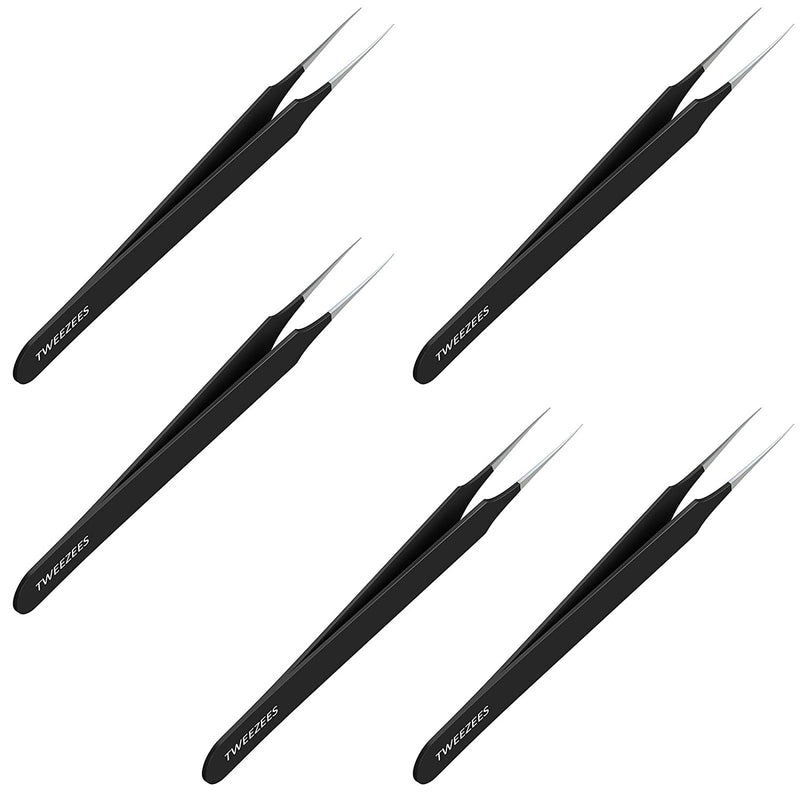Ingrown Hair Tweezers | Pointed Tip | 5 Pack | Black | Precision Stainless Steel | Extra Sharp and Perfectly Aligned for Ingrown Hair Treatment & Splinter Removal For Men and Women | By Tweezees Tweezees
