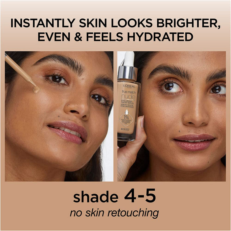 L'Oreal Paris True Match Nude Hyaluronic Tinted Serum The 1st Tinted serum with 1% Hyaluronic acid Instantly skin looks brighter, even and feels hydrated Makeup + Skincare, Medium 4-5, 1 fl. oz. L'Oreal Paris