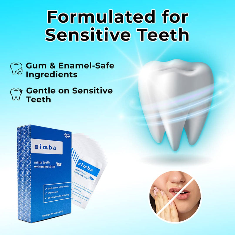Zimba All-in-One Teeth Whitening Kit - 14 Delicious Mint Treatments (28 Strips), 1 Minty Teeth Whitening Powder, 1 Cool Blue Desensitizing Pen & 1 Bamboo Toothbrush | Non-GMO, Gluten-Free, Soy-Free Zimba