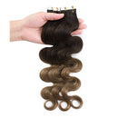 Hairro Tape in Human Hair Extensions 18 Inch Long Wavy 100g 40pcs/pack Ombre Medium Brown to Dark Blonde Body Wave Thin Silky Seamless Skin Weft Glue in 2 Tones Human Hairpieces Hairro