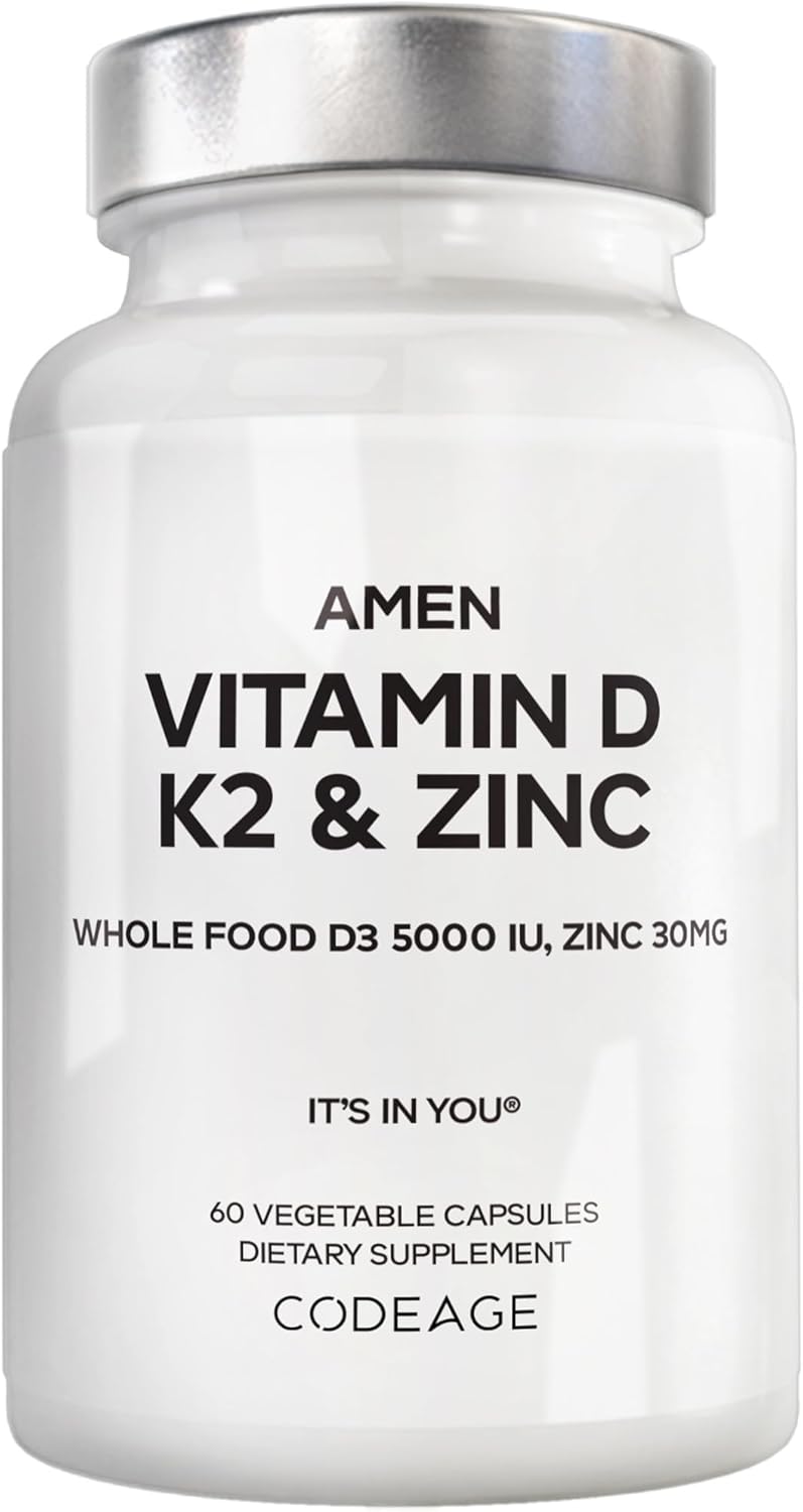 Amen Vitamin D, K2 & Zinc, Cholecalciferol D3 5000 IU, Organic Whole Food Blend with Apple, Blueberry, Cranberry, Elderberry Powder Fruits, Vegan Supplement, D3 K2 Vitamins, Non-GMO - 60 Capsules Infinity Warehouse