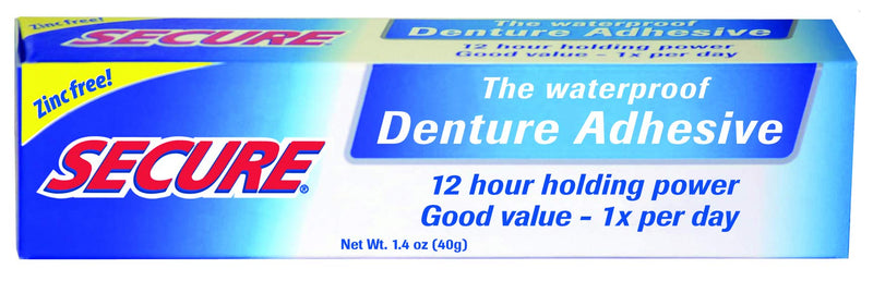 Secure Waterproof Denture Adhesive - Zinc Free - Extra Strong Hold For Upper, Lower or Partials - 1.4 oz Secure
