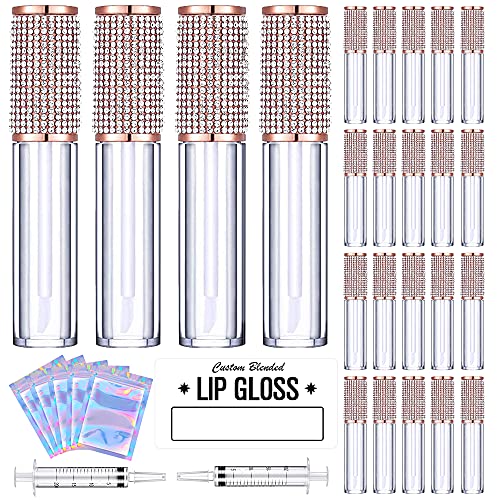 24 Pack Crystal Rhinestone Lip Gloss Tubes with Wand 5ml Empty Lip Gloss Containers Lipgloss Bottles with Stoppers Free 5pcs Mylar Bags + 2pcs Syringes for DIY Lip Gloss Balm AMORIX