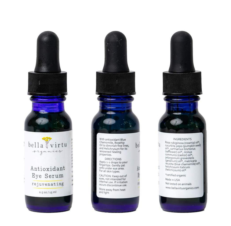 Bella Virtu Organics, Nourishing Eye Serum, for Dark Circles and Puffiness, USDA Organic, with Rosehip Oil, Eye bag reducer, Anti-Aging, Anti-Wrinkle, Fine lines, Crows feet (0.5oz/15ml) Bella Virtu™ Organics
