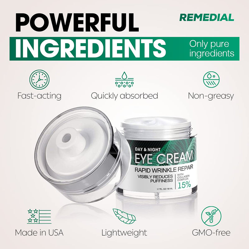 Eye Cream for Dark Circles Wrinkles Puffiness and Bags Under Eyes – Anti-Aging Collagen Eye Cream – Day and Night Formula with Caffeine, Dimethicone and Vitamin B – 1.7 Oz REMEDIAL
