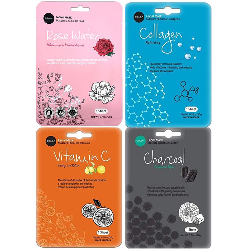 Celavi Face Mask Set Korean Beauty Essence Facial Paper Sheet Mask Korea Skin Care Moisturizing 3 Packs of each 12 New flavors K-Beauty Skincare 36 masks in a pack Made in Korea Celavi Cosmetics