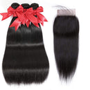10A Brazilian Straight Bundles with Closure (22 24 26+20) 100% Human Hair Bundles with Closure Unprocessed Virgin Straight Hair Weave 3 Bundles with Lace Closure Free Part YOCYTU