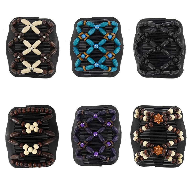 Yeshan Magic Hair Side Combs for Women Wood Beaded Stretch Double Hair Side Combs Clips Bun Maker Hair Accessories,Pack of 6 Yeshan
