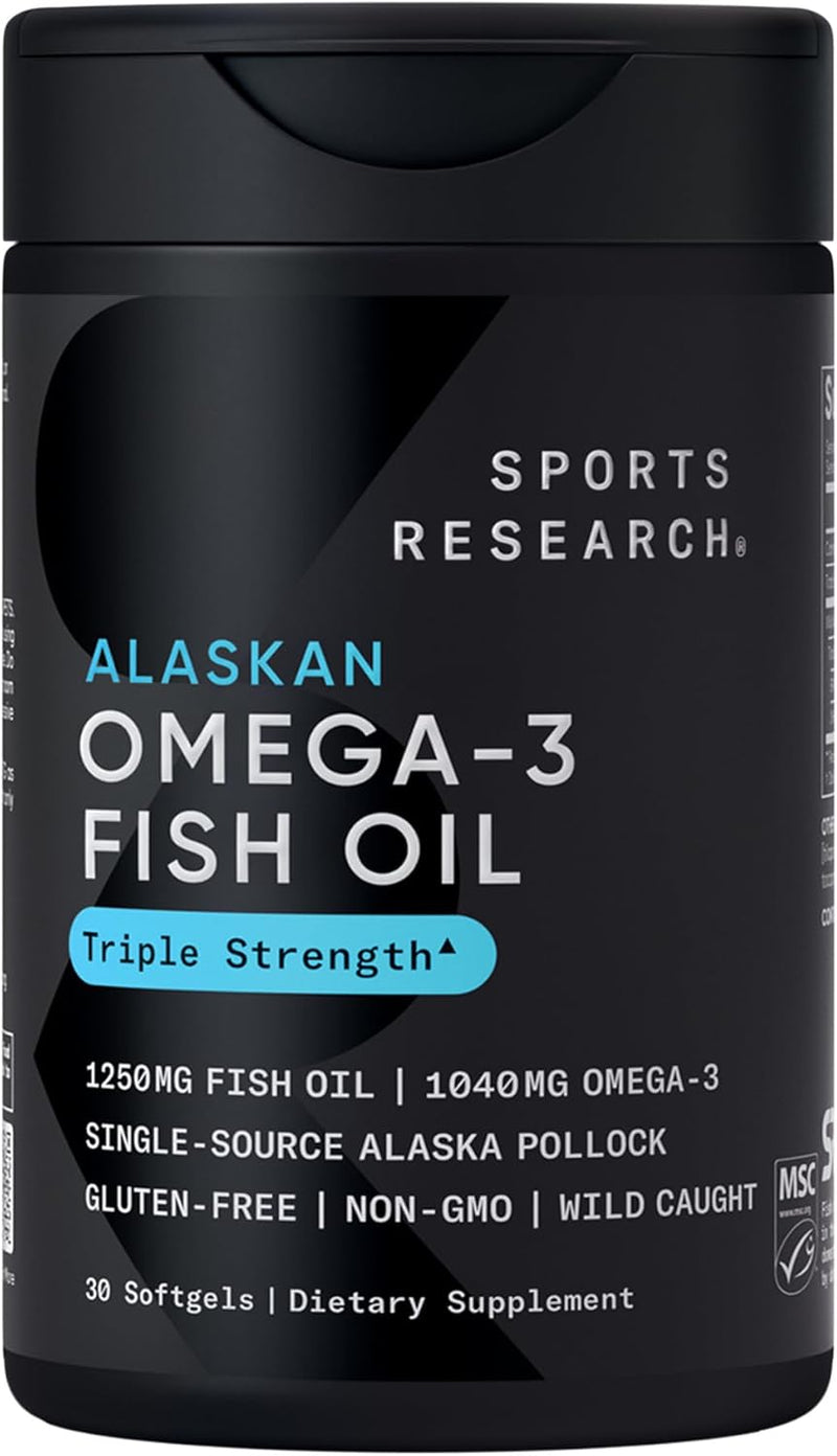 Sports Research Triple Strength Omega 3 Fish Oil - Burpless Fish Oil Supplement w/EPA & DHA Fatty Acids from Single-Source Wild Alaskan Pollock - 1250 mg, 90 ct Infinity Warehouse
