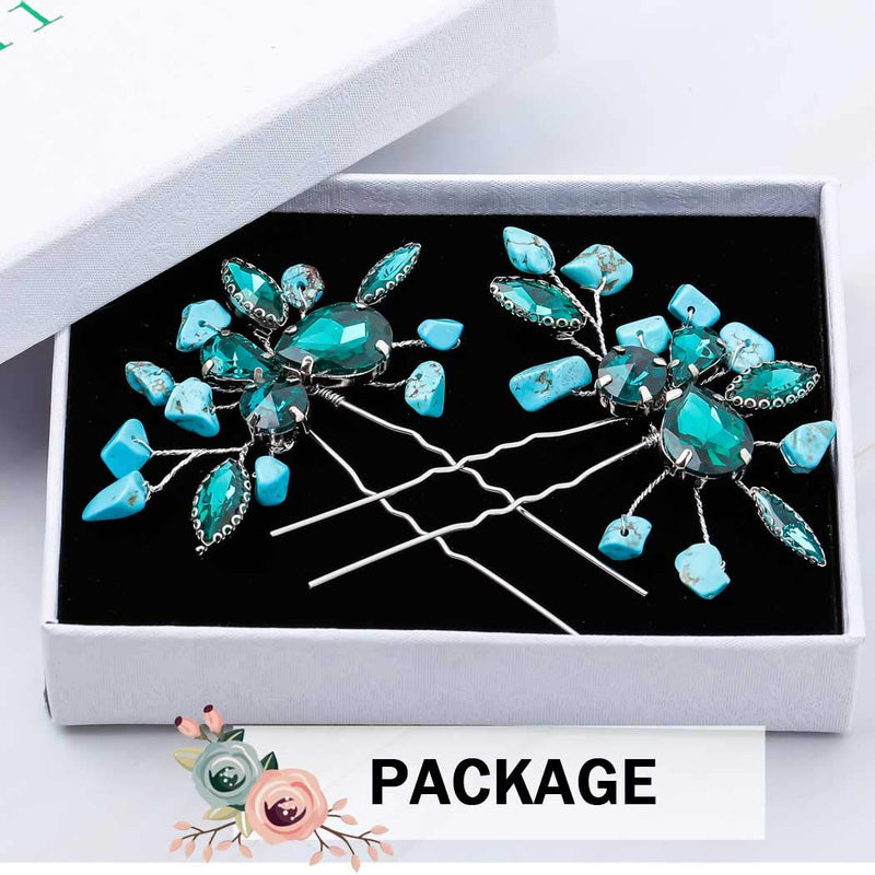 Aukmla Bride Wedding Hair Pins Turquoise Crystal Flower Hair Accessories Headpiece Decorative for Women and Girls Aukmla