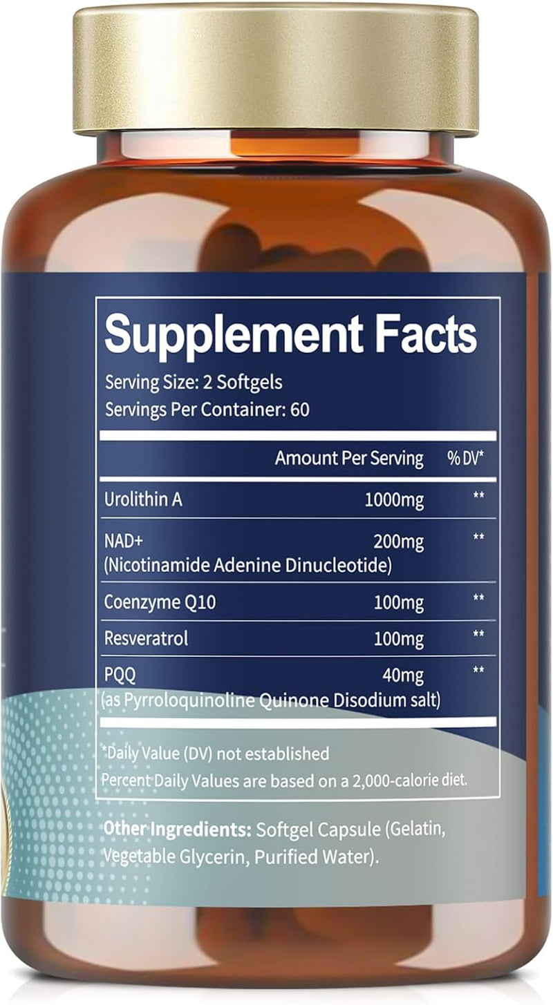 Urolithin A Supplement 1000mg with NAD+,CoQ10,Resveratrol,PQQ Supplement for Men Women 120 Softgels for Muscle Energy Antioxidants High Bioavailability Infinity Warehouse