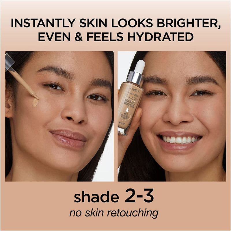 L'Oreal Paris True Match Nude Hyaluronic Tinted Serum The 1st Tinted serum with 1% Hyaluronic acid Instantly skin looks brighter, even and feels hydrated Makeup + Skincare, Light 2-3, 1 fl. oz. L'Oreal Paris