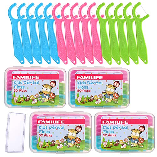 Dental Floss Picks, FAMILIFE Kids flossers Toddler Threaders Children Unwaxed Unflavored Fluoride Free Dental Floss Child Kid Flossing Sticks with Travel Cases 200 Picks FAMILIFE
