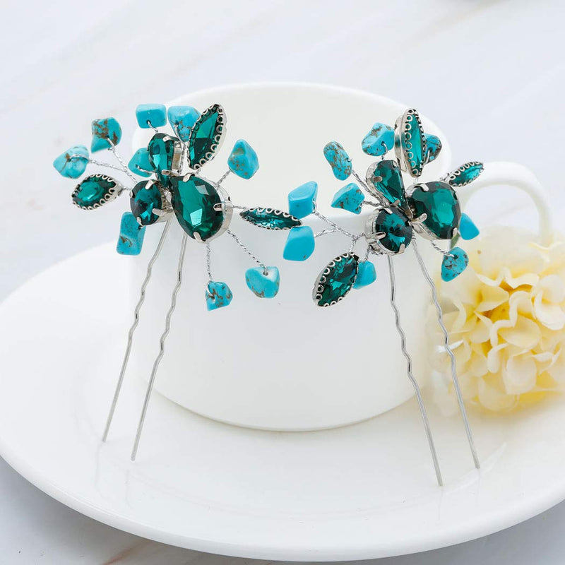 Aukmla Bride Wedding Hair Pins Turquoise Crystal Flower Hair Accessories Headpiece Decorative for Women and Girls Aukmla