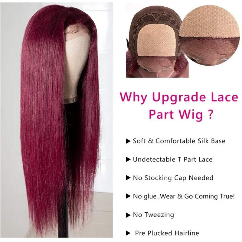 Beauty Forever Hand Tied T Part Lace Wig Human Hair Lace Part Wigs Long Straight Hair 24inch 99J Color Middle Part 150% Density For Black Women Beauty Forever Store