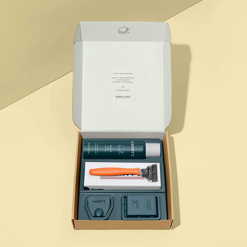 Harry's Razors for Men - Shaving Razors for Men includes a Mens Razor, 3 Razor Blade Refills, Travel Blade Cover, and 4 Oz Shave Gel (Bright Orange) Harry's
