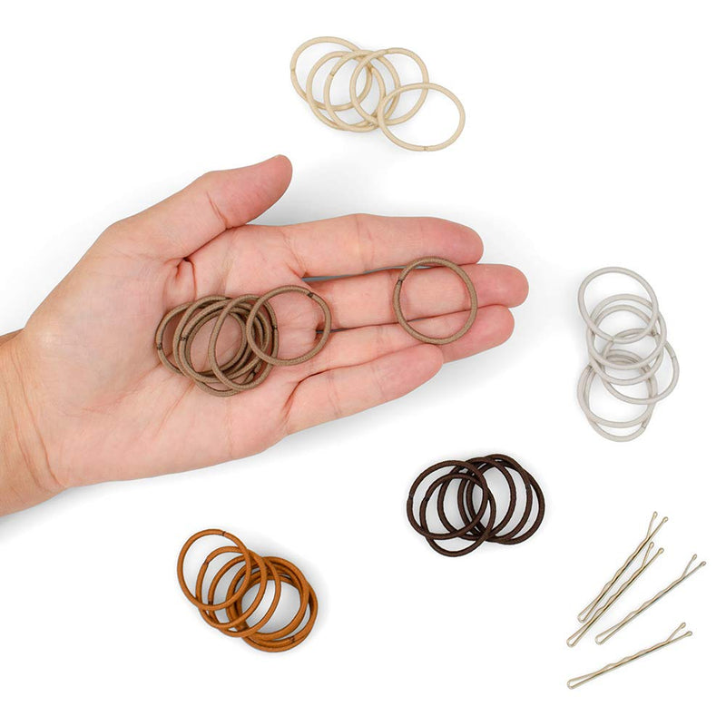 Heliums Black Mini Hair Elastics - 2mm Hair Accessories For Women & Kids - Non-Snag Fabric Bands for Fine Hair - Mini Hair Ties for Small Ponytails, Buns & Braids - Natural Colors & Shades - 48-Pack Heliums